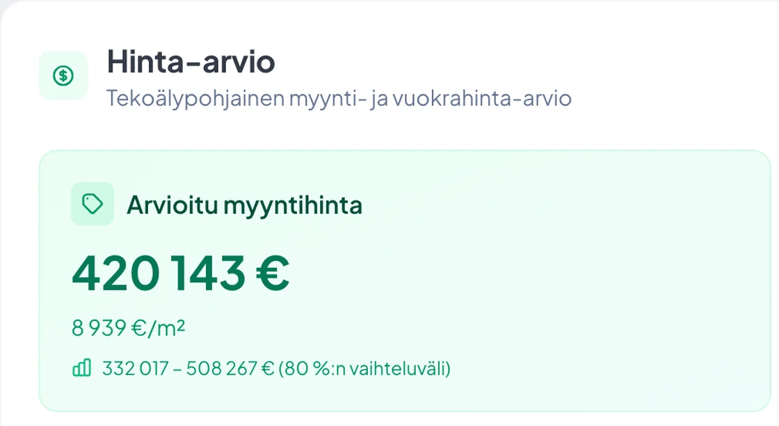 KotiQ price estimate card showing an estimated sale price, price per square metre and an 80% range