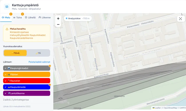 KotiQ map view with noise zones from city streets, roads, railways and air traffic
